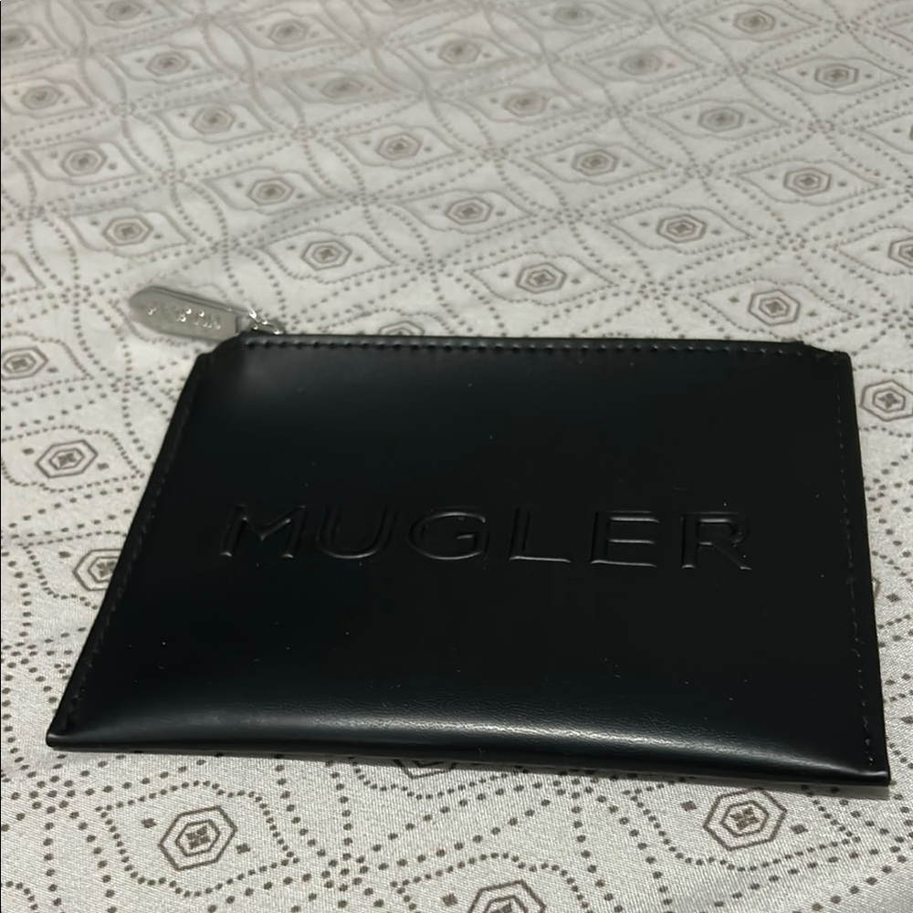 Mugler Black Leather Embossed Zip Card Holder
